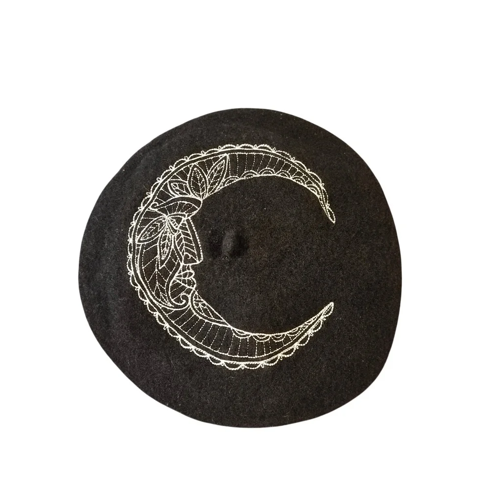 Black Wool Beret Embroidered Crescent Moon XVIII Roman Numeral Gothic Celestial
